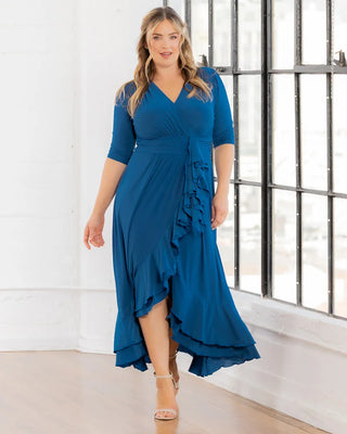 Veronica Ruffled Evening Gown in Aegean Blue