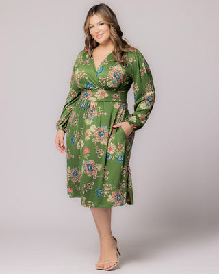 Diana Long Sleeve Midi Dress in Olive Floral Print