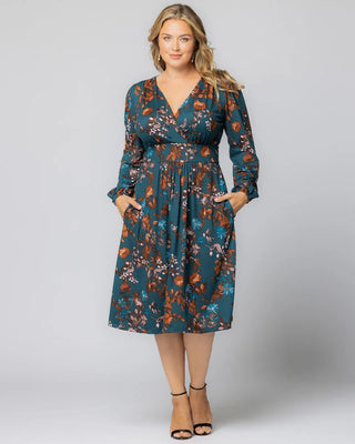 Diana Long Sleeve Midi Dress in Teal Blue Asters