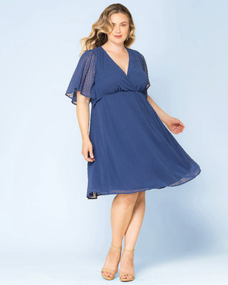 Florence Flutter Sleeve Dress - in Denim Blue Dot