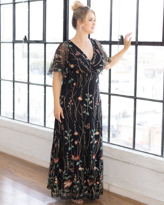 Embroidered Elegance Evening Gown in Onyx Meadow Print