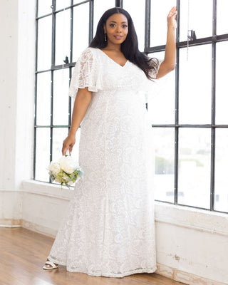 Clarissa Lace Flutter Sleeve Long Wedding Dress in Pearl