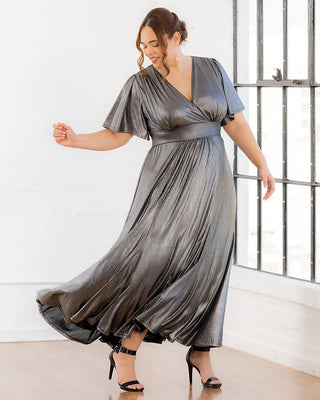 Evania Metallic Evening Gown in Pewter