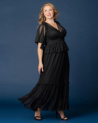Graceful Tiered Mesh Gown in Onyx
