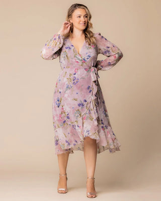 Clara Chiffon Long Sleeve Wrap Dress in Lilac Floral Print