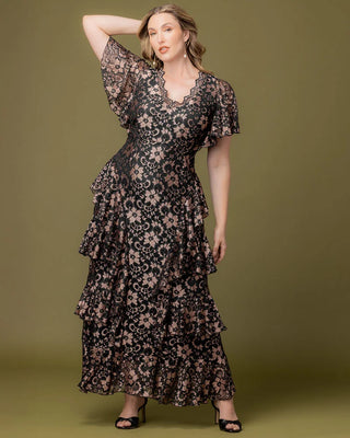Mon Ange Tiered Lace Evening Gown in Rose Gold