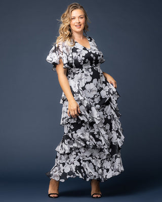 Tour de Flounce Chiffon Evening Gown in Grayscale Bloom