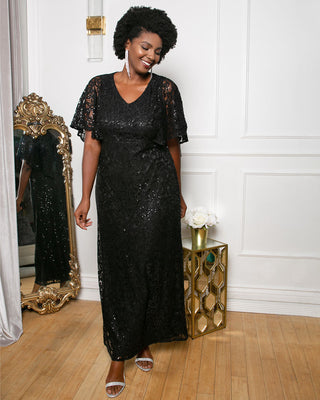 Celestial Cape Sleeve Gown in Onyx