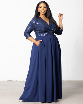 Paris Pleated Sequin Gown in Nocturnal Navy