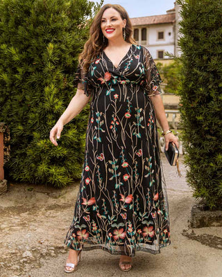 Embroidered Elegance Evening Gown in Onyx Meadow Print