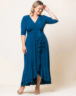 Veronica Ruffled Evening Gown in Aegean Blue