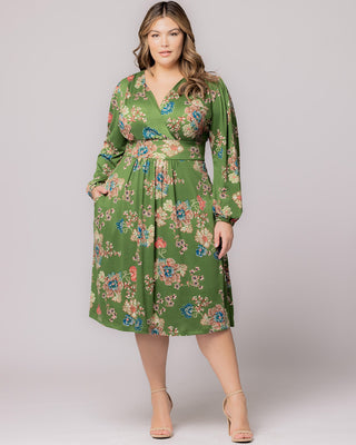 Diana Long Sleeve Midi Dress in Olive Floral Print