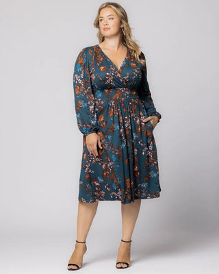 Diana Long Sleeve Midi Dress in Teal Blue Asters