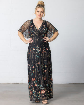 Embroidered Elegance Evening Gown in Onyx Meadow Print