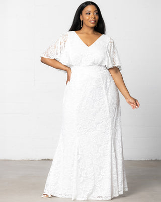 Clarissa Lace Flutter Sleeve Long Wedding Dress in Pearl