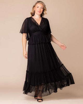 Graceful Tiered Mesh Gown in Onyx