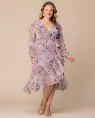 Clara Chiffon Long Sleeve Wrap Dress in Lilac Floral Print