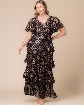 Mon Ange Tiered Lace Evening Gown in Rose Gold