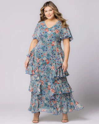 Tour de Flounce Chiffon Evening Gown - Sale! in Blue Garden Print
