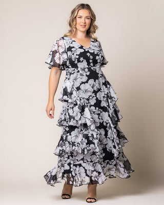 Tour de Flounce Chiffon Evening Gown in Grayscale Bloom