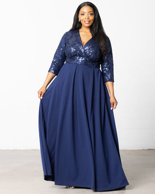 Paris Pleated Sequin Gown in Nocturnal Navy