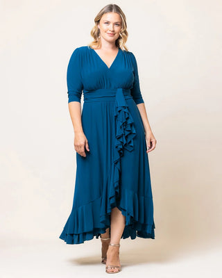 Veronica Ruffled Evening Gown in Aegean Blue