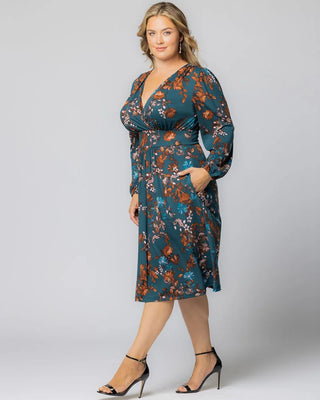 Diana Long Sleeve Midi Dress in Teal Blue Asters