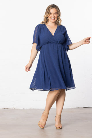 Florence Flutter Sleeve Dress - in Denim Blue Dot