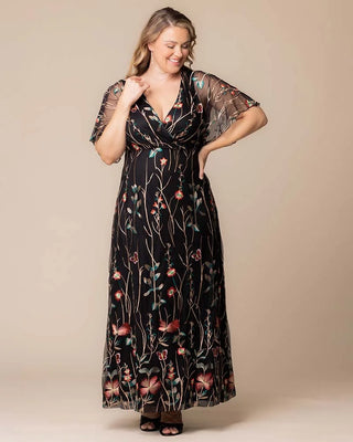 Embroidered Elegance Evening Gown in Onyx Meadow Print