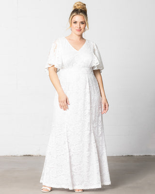 Clarissa Lace Flutter Sleeve Long Wedding Dress in Pearl