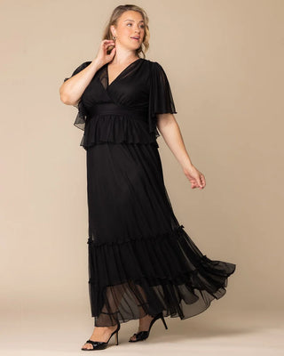 Graceful Tiered Mesh Gown in Onyx