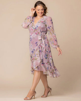 Clara Chiffon Long Sleeve Wrap Dress in Lilac Floral Print