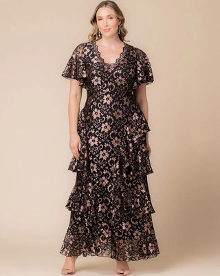 Mon Ange Tiered Lace Evening Gown in Rose Gold