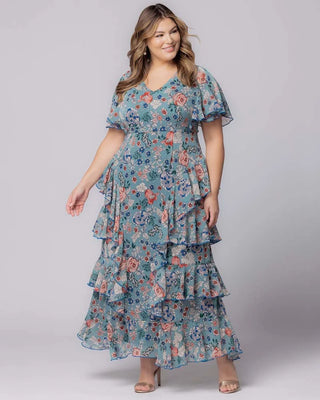 Tour de Flounce Chiffon Evening Gown - Sale! in Blue Garden Print