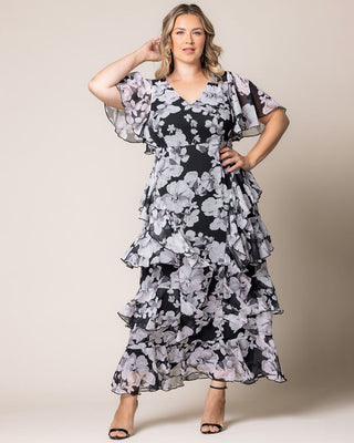 Tour de Flounce Chiffon Evening Gown in Grayscale Bloom