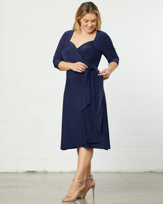 Sweetheart Knit Wrap Dress in Navy Blue