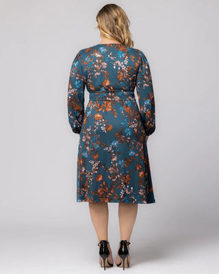 Diana Long Sleeve Midi Dress in Teal Blue Asters