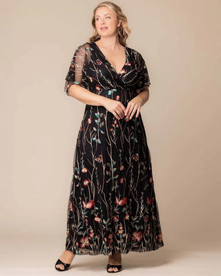 Embroidered Elegance Evening Gown in Onyx Meadow Print