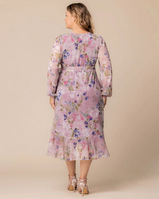 Clara Chiffon Long Sleeve Wrap Dress in Lilac Floral Print