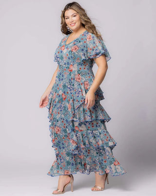 Tour de Flounce Chiffon Evening Gown - Sale! in Blue Garden Print