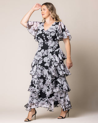 Tour de Flounce Chiffon Evening Gown in Grayscale Bloom