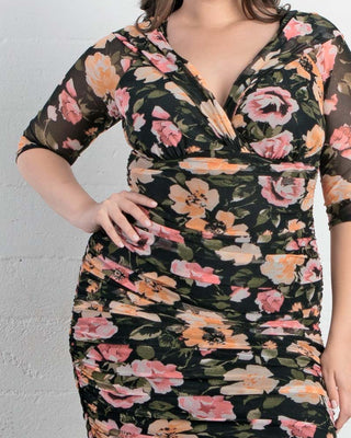 Betsey Ruched Dress  in Black Blossom Print