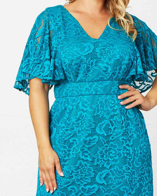Duchess Lace Evening Gown  in Teal Topaz