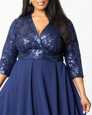 Paris Pleated Sequin Gown in Nocturnal Navy