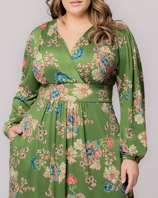 Diana Long Sleeve Midi Dress in Olive Floral Print