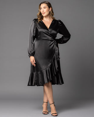 Serena Satin Ruffle Wrap Dress  in Onyx