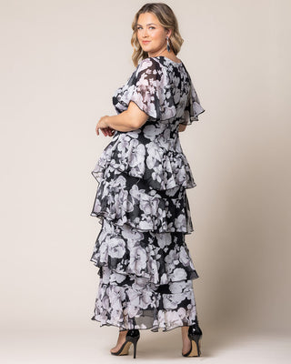 Tour de Flounce Chiffon Evening Gown in Grayscale Bloom