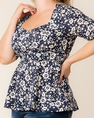 Posh Peplum Top in 
Aegean Blue Florals