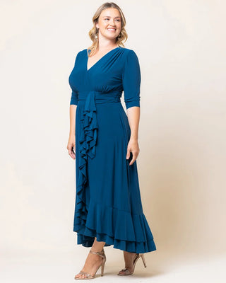 Veronica Ruffled Evening Gown in Aegean Blue