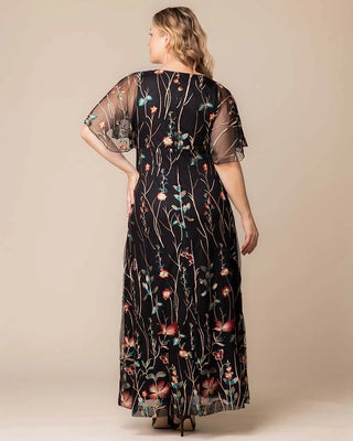 Embroidered Elegance Evening Gown in Onyx Meadow Print